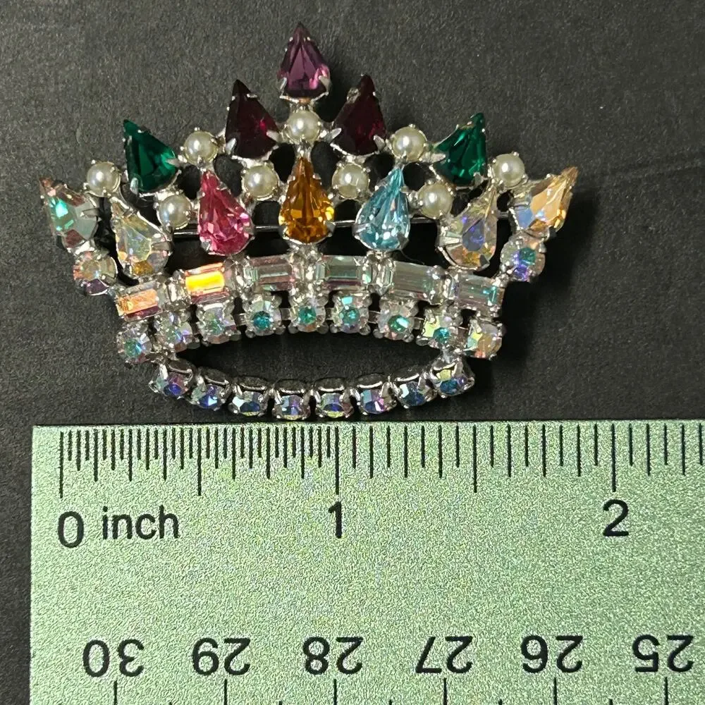 Vintage B. Davis AB Crystal Rhinestones and‎ Faux Pearl Mothers Crown Brooch